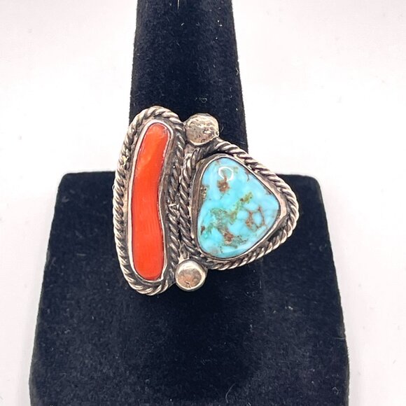 Vintage Signed Native American Silver Turquoise Coral Ring 5 1/2 - Picture 3 of 15